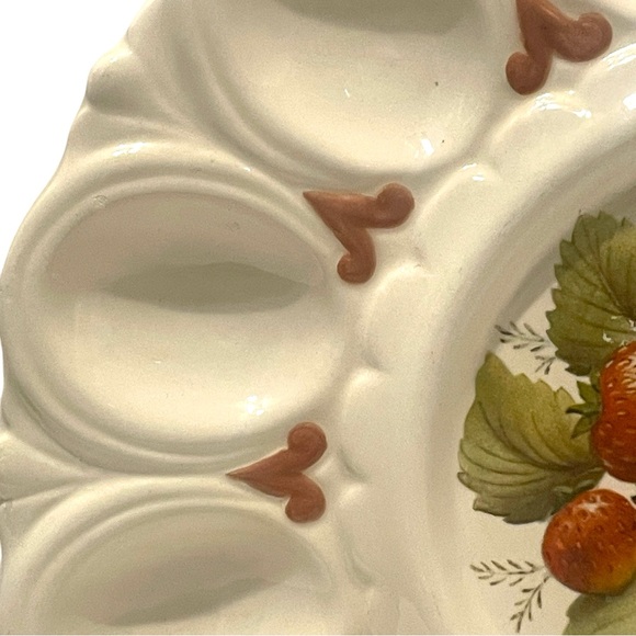Vintage 12 Deviled Egg Plate Ceramic Cream Center Design Strawberries & Plums - Picture 3 of 16